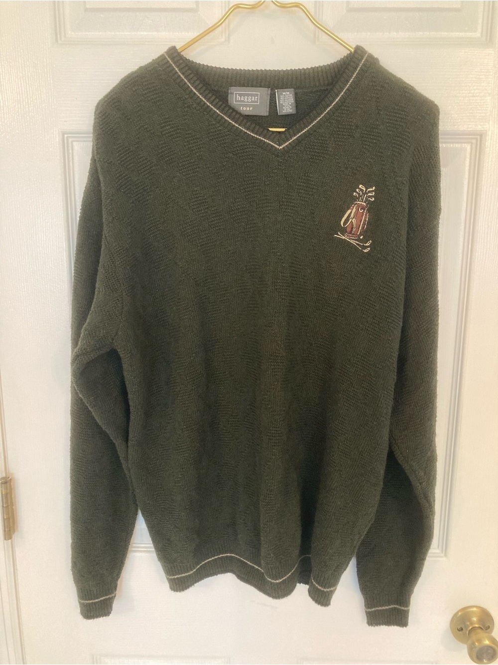 Haggar Men's Dark Olive V-Neck Pullover with Embroidered Crest